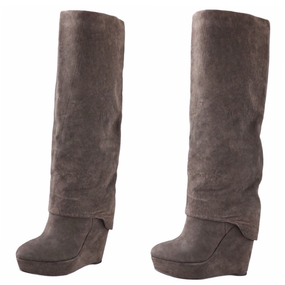 Elizabeth + James ❉ Knee High Platform Tall Boots ❉ Brown Nubuck Leather Suede ❉ - Picture 2 of 15